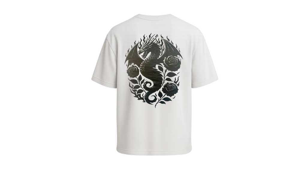 Silver dragon, black roses & flames