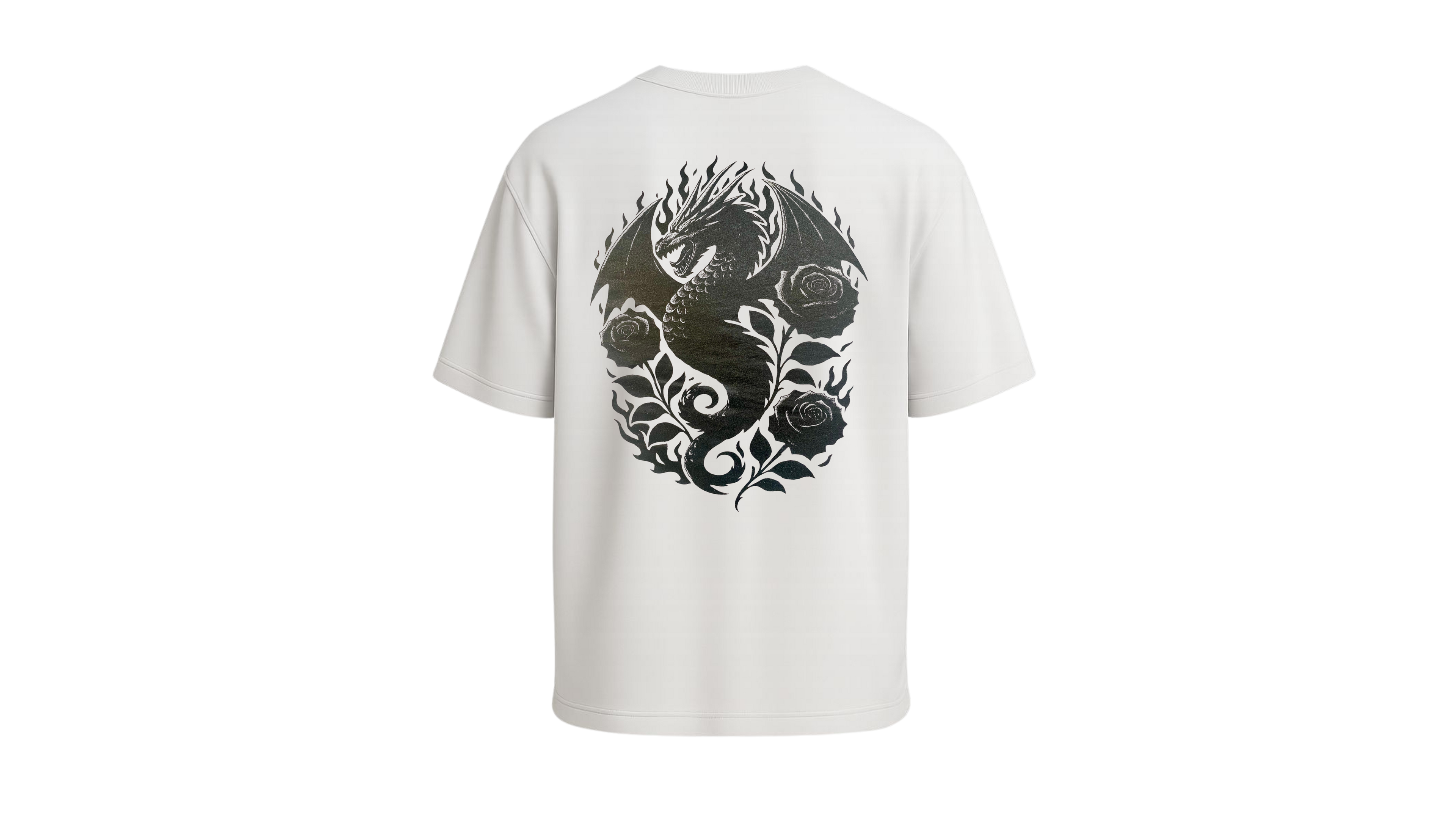 Silver dragon, black roses & flames