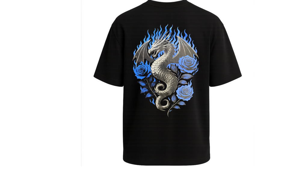 Silver Dragon Roses Flames