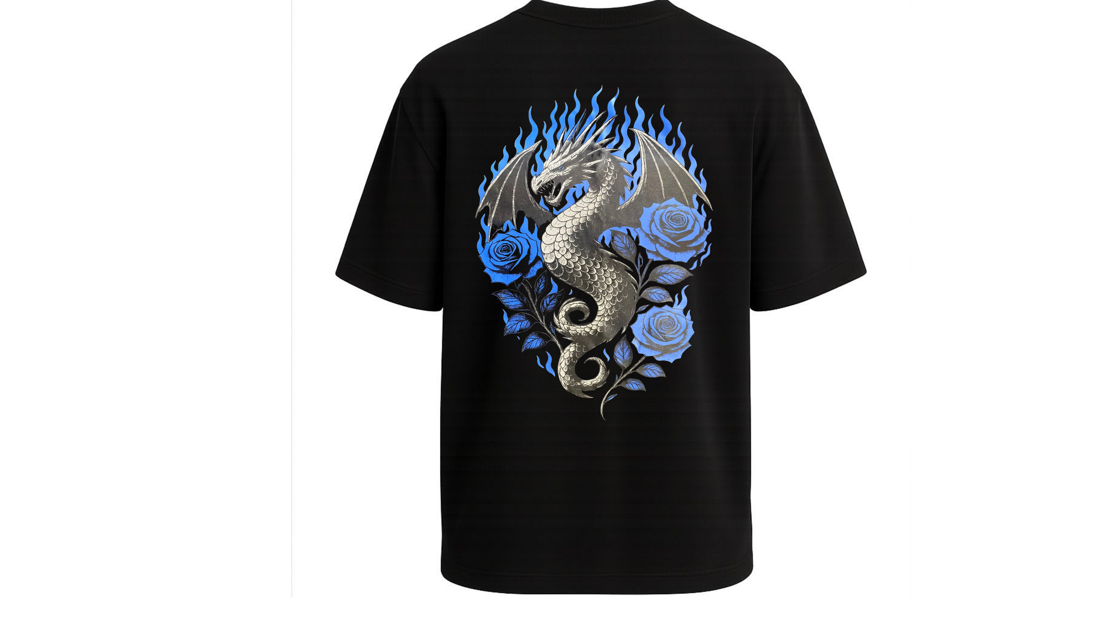 Silver Dragon Roses Flames