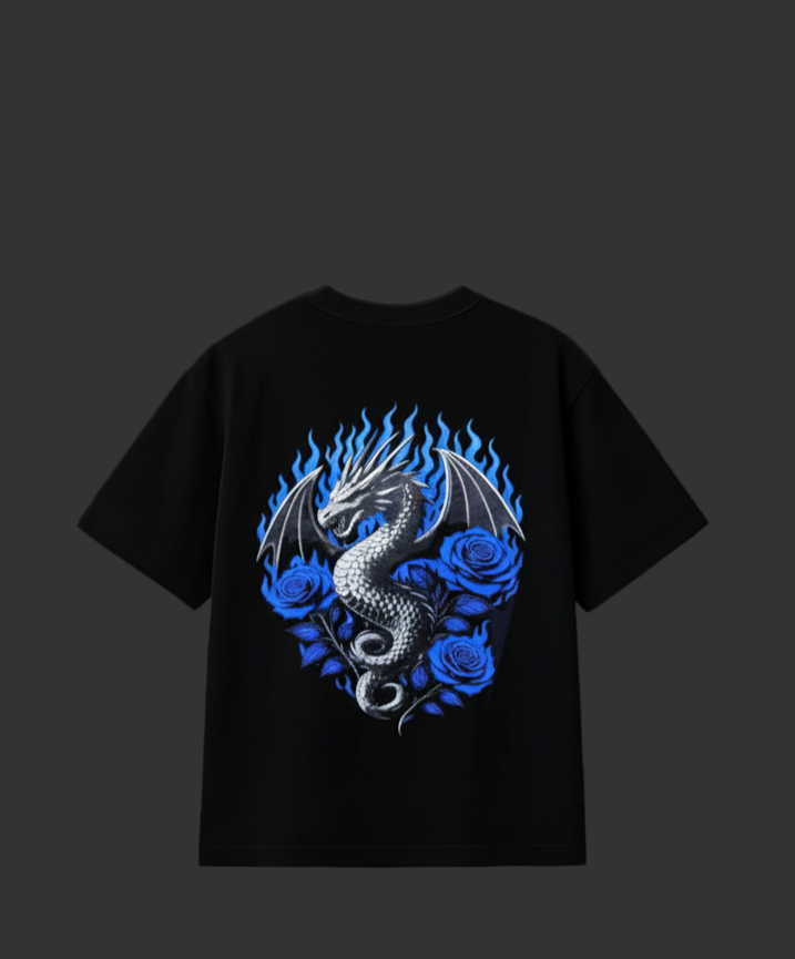 Silver Dragon Roses Flames