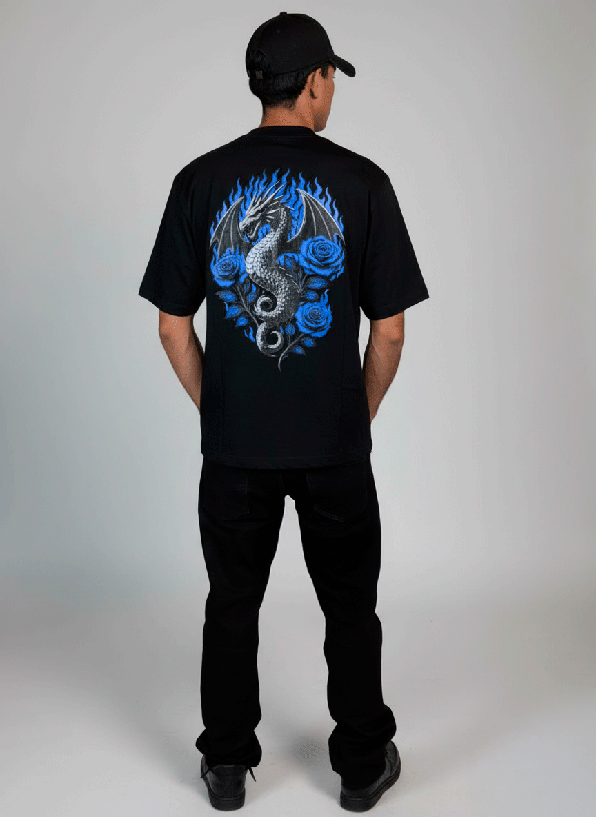 Silver Dragon Roses Flames