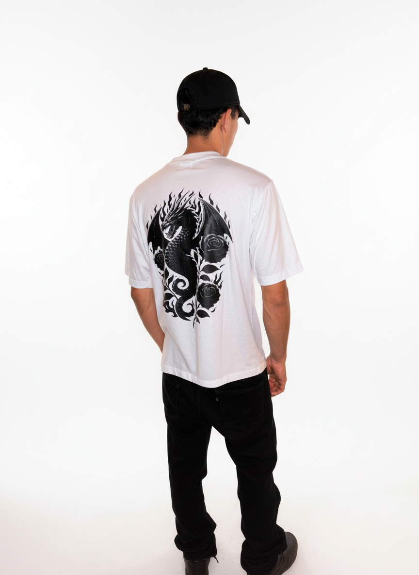 Silver dragon, black roses & flames